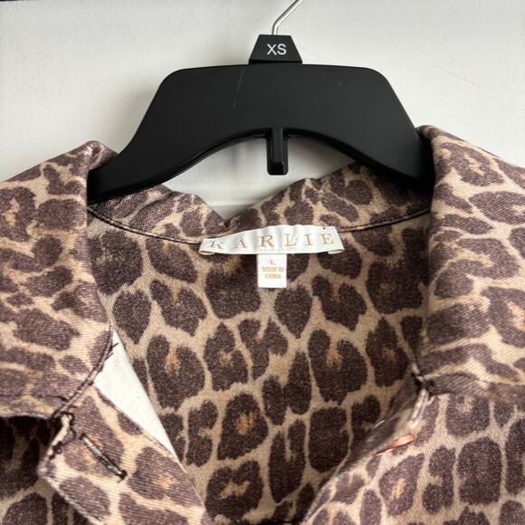 Karlie Leopard Denim Pocket Mini Dress Sz L Animal Print Short Sleeve Pullover - Picture 8 of 10